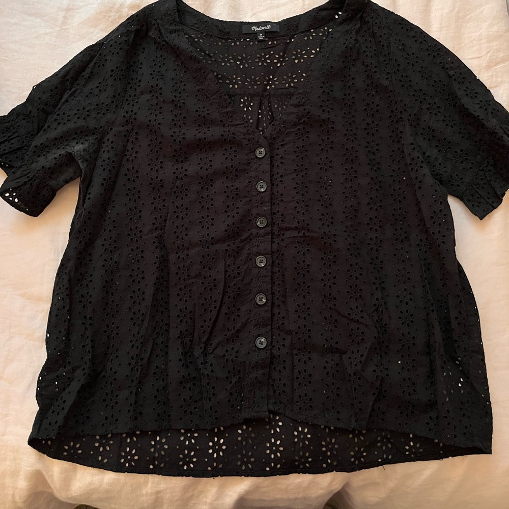 Madewell black pointelle short-sleeve blouse